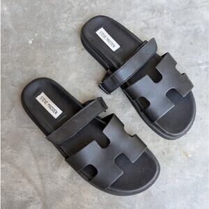 Steve Madden Black Mayven-CN Action Leather Flatform Slide Sandals, size 9